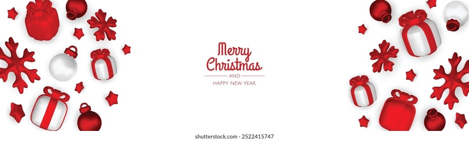 Happy New Year and Merry Christmas. Christmas holiday background with realistic 3d objects, xmas balls, metal stars, snowflake, gift box.