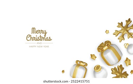 Happy New Year and Merry Christmas. Christmas holiday background with realistic 3d objects, xmas balls, metal stars, snowflake, gift box.