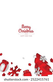 Happy New Year and Merry Christmas. Christmas holiday background with realistic 3d objects, xmas balls, metal stars, snowflake, gift box.