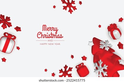 Happy New Year and Merry Christmas. Christmas holiday background with realistic 3d objects, xmas balls, metal stars, snowflake, gift box.