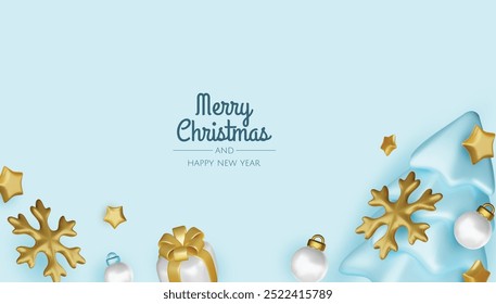 Happy New Year and Merry Christmas. Christmas holiday background with realistic 3d objects, xmas balls, metal stars, snowflake, gift box.