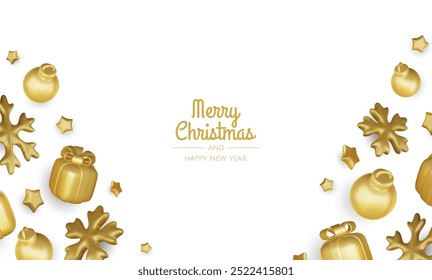 Happy New Year and Merry Christmas. Christmas holiday background with realistic 3d objects,gold and red bauble balls, conical metal stars. Levitation falling design composition.