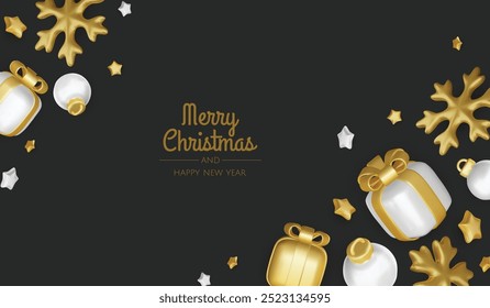 Happy New Year and Merry Christmas. Christmas holiday background with realistic 3d objects, xmas balls, metal stars, snowflake, gift box.