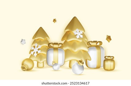 Happy New Year and Merry Christmas. Christmas holiday background with realistic 3d objects,gold and red bauble balls, conical metal stars. Levitation falling design composition.