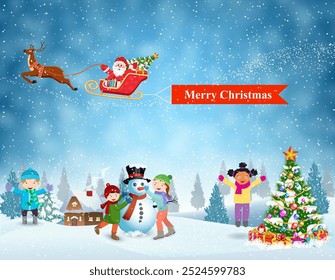 Happy new year and merry Christmas landscape card design. Winter fun. Children building snowman. Santa Claus sleigh fly over the forest, house, snowman and pulled merry christmas banner