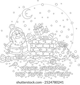 Happy New Year and Merry Christmas card with funny Santa Claus with a bag of winter holiday presents throwing his gifts into a bricky chimney on a snowy housetop, vector cartoon illustration