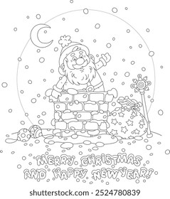 Happy New Year and Merry Christmas card with funny Santa Claus peeking out of a bricky chimney on a snowy housetop with a bag of winter holiday gifts and sweets, vector cartoon illustration