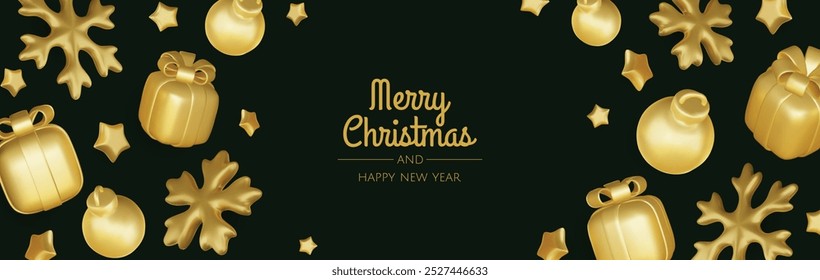 Happy New Year and Merry Christmas. Christmas holiday background with realistic 3d objects, xmas balls, metal stars, snowflake, gift box.
