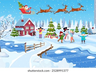 Feliz año nuevo y feliz Navidades tarjeta de felicitación. Paisaje de Navidades. árbol de Navidad. Niños construyendo muñeco de nieve. Vacaciones de invierno. Ilustración vectorial en estilo plano