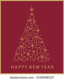 Happy New Year and Merry Christmas holiday cards. Universal artistic templates. Minimalistic vector design with gift boxes, bells, snowflakes and Christmas tree decorations