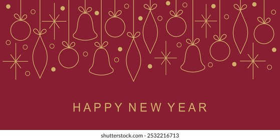 Happy New Year and Merry Christmas holiday cards. Universal artistic templates. Minimalistic vector design with gift boxes, bells, snowflakes and Christmas tree decorations