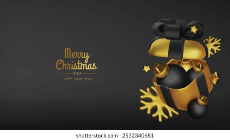 Happy New Year and Merry Christmas. Christmas holiday background with realistic 3d objects,gold and red bauble balls, conical metal stars. Levitation falling design composition.