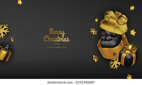 Happy New Year and Merry Christmas. Christmas holiday background with realistic 3d objects,gold and red bauble balls, conical metal stars. Levitation falling design composition.