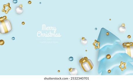 Happy New Year and Merry Christmas. Christmas holiday background with realistic 3d objects,gold and red bauble balls, conical metal stars. Levitation falling design composition.