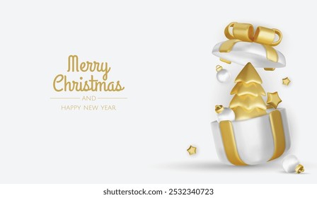 Happy New Year and Merry Christmas. Christmas holiday background with realistic 3d objects,gold and red bauble balls, conical metal stars. Levitation falling design composition.