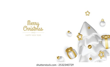 Happy New Year and Merry Christmas. Christmas holiday background with realistic 3d objects,gold and red bauble balls, conical metal stars. Levitation falling design composition.