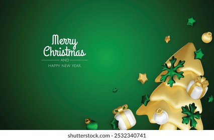 Happy New Year and Merry Christmas. Christmas holiday background with realistic 3d objects,gold and red bauble balls, conical metal stars. Levitation falling design composition.