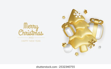 Happy New Year and Merry Christmas. Christmas holiday background with realistic 3d objects,gold and red bauble balls, conical metal stars. Levitation falling design composition.