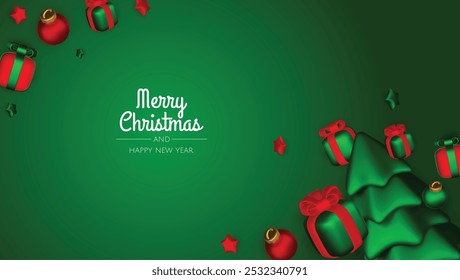 Happy New Year and Merry Christmas. Christmas holiday background with realistic 3d objects,gold and red bauble balls, conical metal stars, gift. Levitation falling design composition.