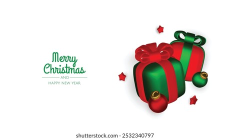 Happy New Year and Merry Christmas. Christmas holiday background with realistic 3d objects,gold and red bauble balls, conical metal stars, gift. Levitation falling design composition.