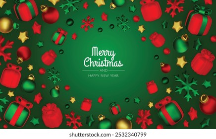 Happy New Year and Merry Christmas. Christmas holiday background with realistic 3d objects,gold and red bauble balls, conical metal stars, gift. Levitation falling design composition.
