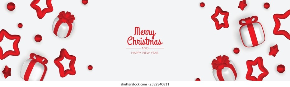 Happy New Year and Merry Christmas. Christmas holiday background with realistic 3d objects,gold and red bauble balls, conical metal stars, gift. Levitation falling design composition.