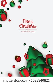 Happy New Year and Merry Christmas. Christmas holiday background with realistic 3d objects,gold and red bauble balls, conical metal stars, gift. Levitation falling design composition.