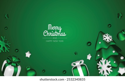 Happy New Year and Merry Christmas. Christmas holiday background with realistic 3d objects,gold and red bauble balls, conical metal stars. Levitation falling design composition.