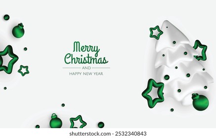 Happy New Year and Merry Christmas. Christmas holiday background with realistic 3d objects,green and white bauble balls, conical metal stars. Levitation falling design composition.