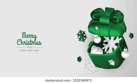 Happy New Year and Merry Christmas. Christmas holiday background with realistic 3d objects,green and white bauble balls, conical metal stars. Levitation falling design composition.