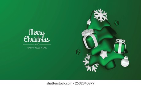 Happy New Year and Merry Christmas. Christmas holiday background with realistic 3d objects,green and white bauble balls, conical metal stars. Levitation falling design composition.