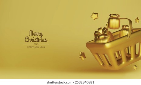 Happy New Year and Merry Christmas. Christmas holiday background with realistic 3d objects,gold and red bauble balls, conical metal stars. Levitation falling design composition.