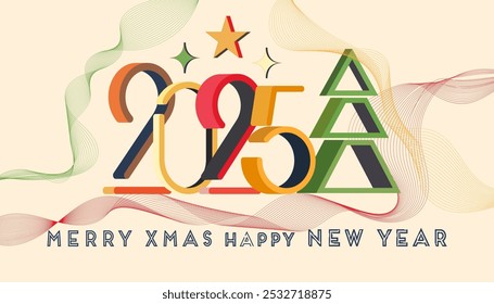 Happy New Year and Merry Christmas 2025 Retro pop art style greeting banner, web, background, card, poster, template Layout. 3d number and organic lines