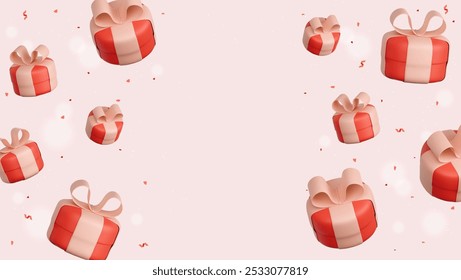 Happy New Year and Merry Christmas 2025, red gift box with white ribbon and gold sequins confetti on white background. The gift boxes are seen falling, creating an attractive vector illustration.
