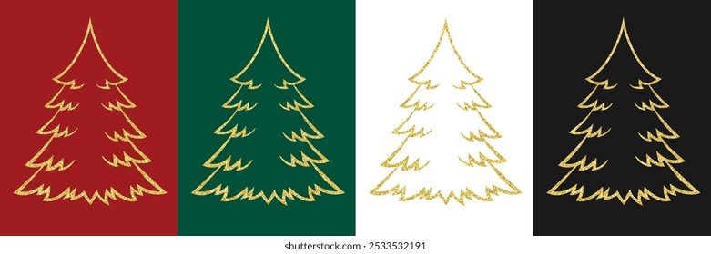 Happy New Year and Merry Christmas. Golden Christmas tree on the different background. Vector illustration.
