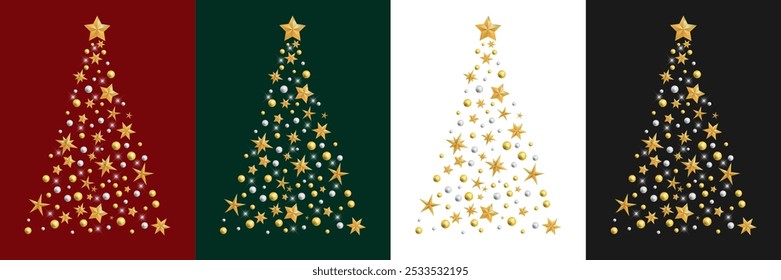 Happy New Year and Merry Christmas. Christmas tree with gold stars and beads on the different background. Vector illustration.