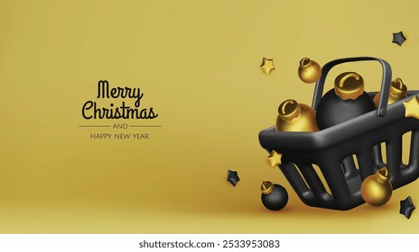 Happy New Year and Merry Christmas. Christmas holiday background with realistic 3d objects,gold and red bauble balls, conical metal stars. Levitation falling design composition.