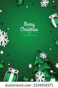 Happy New Year and Merry Christmas. Christmas holiday background with realistic 3d objects,green and white bauble balls, conical metal stars. Levitation falling design composition.