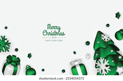 Happy New Year and Merry Christmas. Christmas holiday background with realistic 3d objects,green and white bauble balls, conical metal stars. Levitation falling design composition.