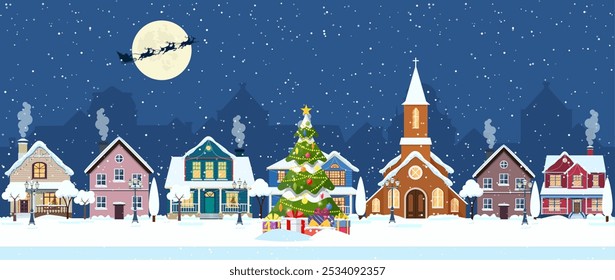 happy new year and merry Christmas winter old town street. christmas town city seamless border panorama. Santa Claus with deers in sky above the city. Vector illustration in flat style