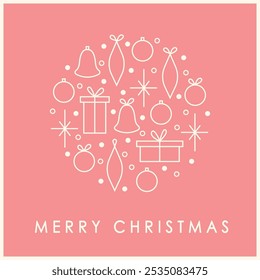 Happy New Year and Merry Christmas holiday cards. Universal artistic templates. Minimalistic vector design with gift boxes, bells, snowflakes and Christmas tree decorations