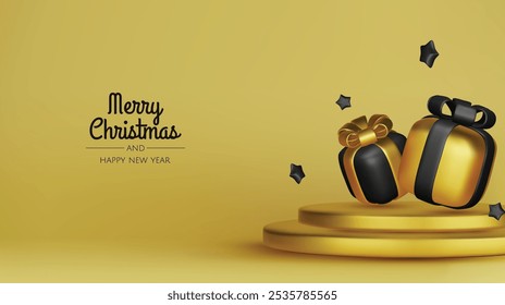 Happy New Year and Merry Christmas. Christmas holiday background with realistic 3d objects,gold and red bauble balls, conical metal stars. Levitation falling design composition.