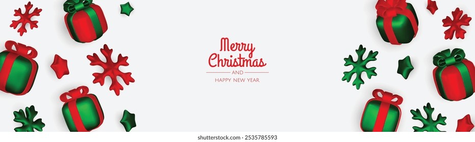 Happy New Year and Merry Christmas. Christmas holiday background with realistic 3d objects,gold and red bauble balls, conical metal stars, gift. Levitation falling design composition.