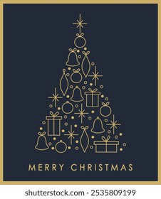 Happy New Year and Merry Christmas holiday cards. Universal artistic templates. Minimalistic vector design with gift boxes, bells, snowflakes and Christmas tree decorations