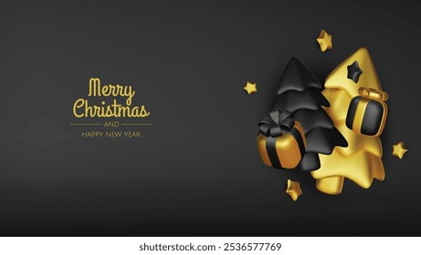 Happy New Year and Merry Christmas. Christmas holiday background with realistic 3d objects,gold and red bauble balls, conical metal stars. Levitation falling design composition.