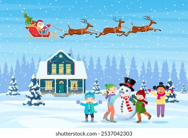 happy new year and merry Christmas greeting card. Christmas landscape. Children building snowman. Winter holidays. Santa Claus with deers in sky. Vector illustration in flat style