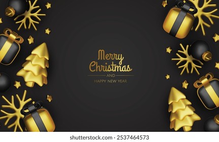 Happy New Year and Merry Christmas. Christmas holiday background with realistic 3d objects, Gift boxes, Christmas balls, snowflakes, conical metal stars.