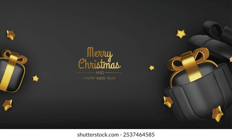 Happy New Year and Merry Christmas. Christmas holiday background with realistic 3d objects, blue and white bauble balls, conical metal stars, gift. Levitation falling design composition.