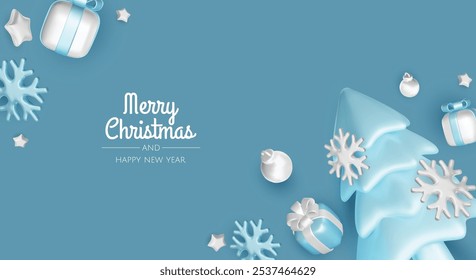 Happy New Year and Merry Christmas. Christmas holiday background with realistic 3d objects, Gift boxes, Christmas balls, snowflakes, conical metal stars.