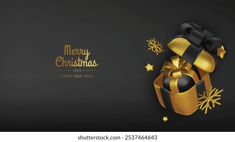 Happy New Year and Merry Christmas 2025. Christmas tree, Gift boxes, Christmas balls. Greeting card. Vector 3d rendering.